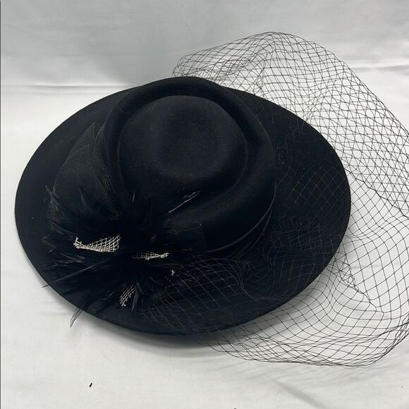 Black Wool Women's Formal Hat with Netting & Feathers - Picture 3 of 8